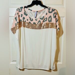 Lily Pad Spring Sparkle Leo Top 3XL Leopard Print Gold Sequin Blouse